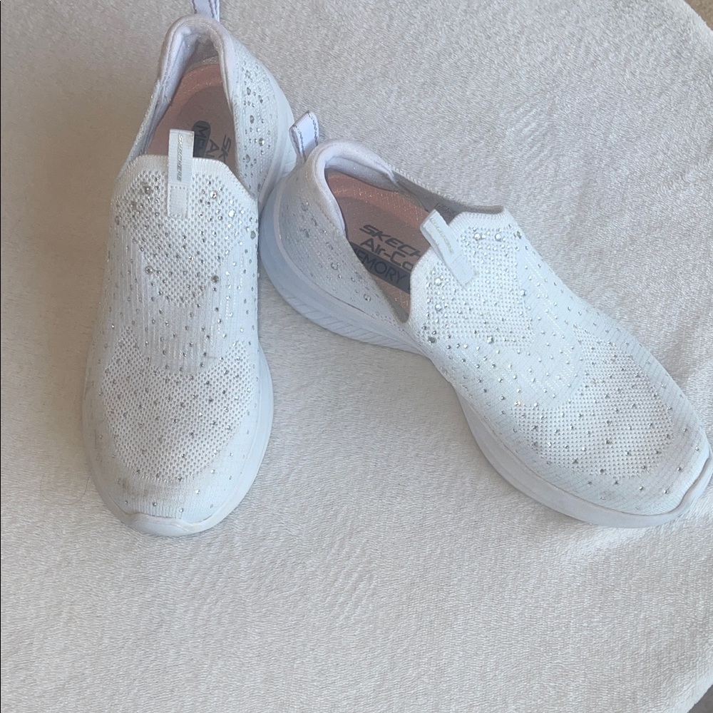 Skechers White Slip-On Knit Sneakers with Sparkle